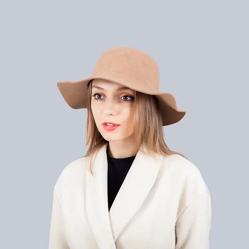 Новые шляпы для женщин Мягкие винтажные широкие полями шерсть фетровая шляпа