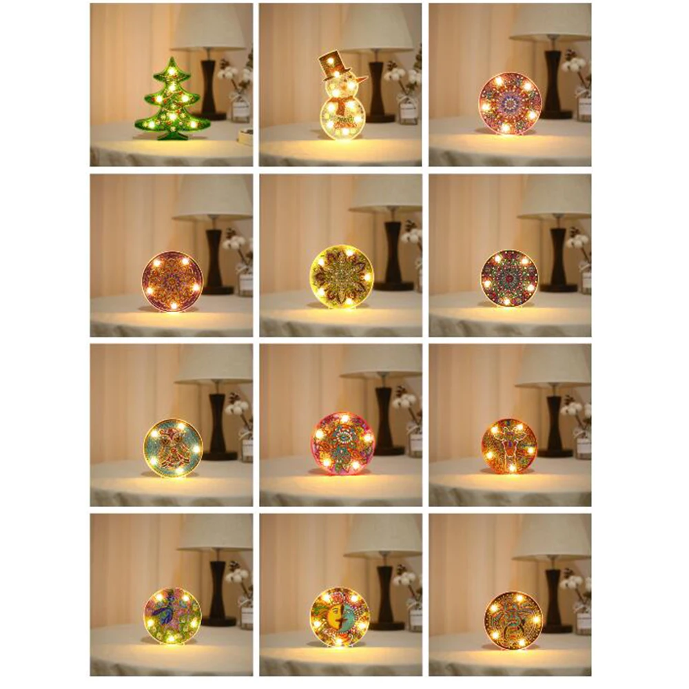 Christmas Hot Sale Round Circle Animal Mandala Landscape Diy Diamond Painting Led Light Lamp On The Table Round Shinny Beads