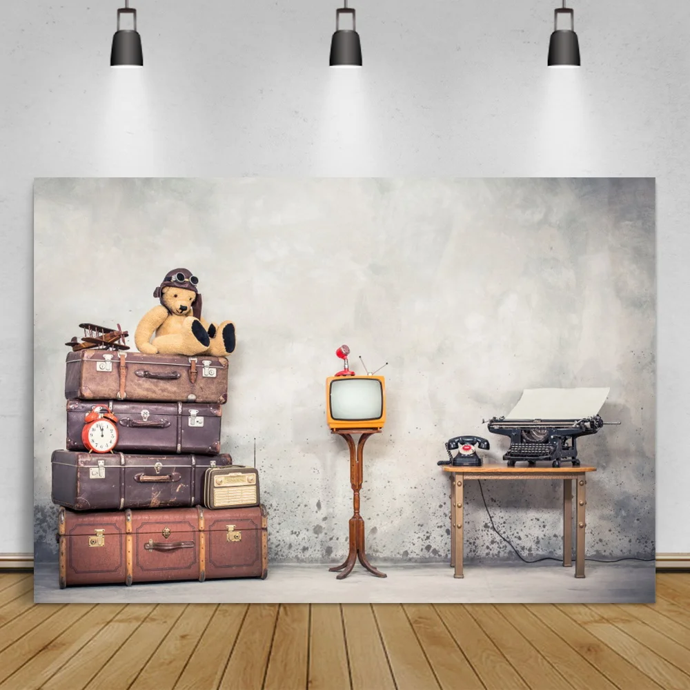 

Plane Baby Toys Old Suitcase TV Telephone Cement Wall Child Birthday Party Portrait Photo Background Photo Backdrop Photo Studio