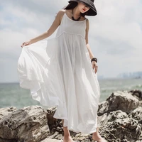 summer literary womens new cotton suspender dress fashion national style simple solid color loose casual