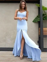 simple mermaid prom dresses spaghetti strap satin light sky blue front split ruffles floor length evening party gowns