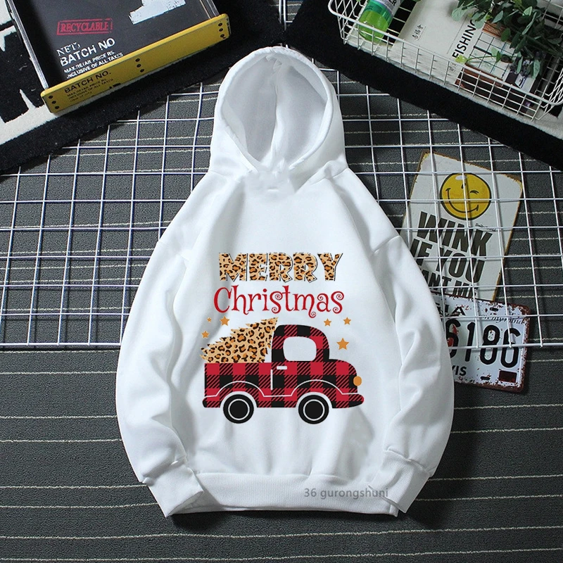 

Leopard Merry Christmas Car Graphic Print Kids Clothes Winter Cap Hoodies Fashion Kawaii Children'S Clothing Tracksuit Coat