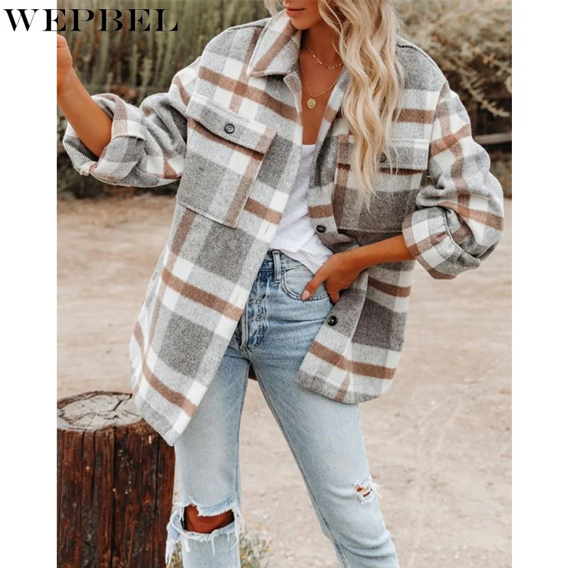 

WEPBEL Women's Brushed Plaid Shirts Long Sleeve Flannel Lapel Button Down Pocketed Shacket Jacket Coats