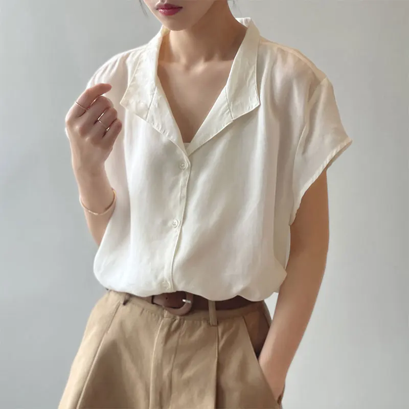 

2021 Summer New Korea Fashion Women Short Sleeve V-neck Solid Shirts Single Breasted All-matched Casual Loose Blouses Tops V340