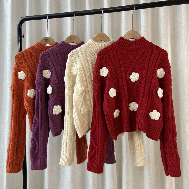 

Half Turtleneck Handmade Flower Sweater Women's 2021 Autumn and Winter New Short Warm Knitwear Sweet Japanese Top Fashion