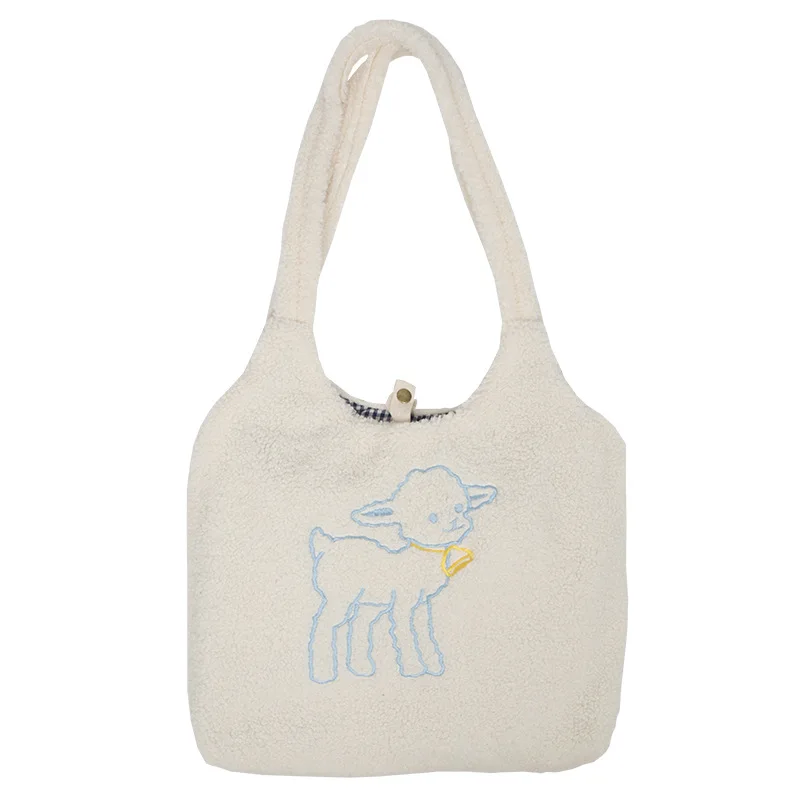 

Women Lamb Like Fabric Shoulder Bag Simple Canvas Handbag Tote Large Capacity Embroidery Shopping Bag Cute Book Bags For Girls