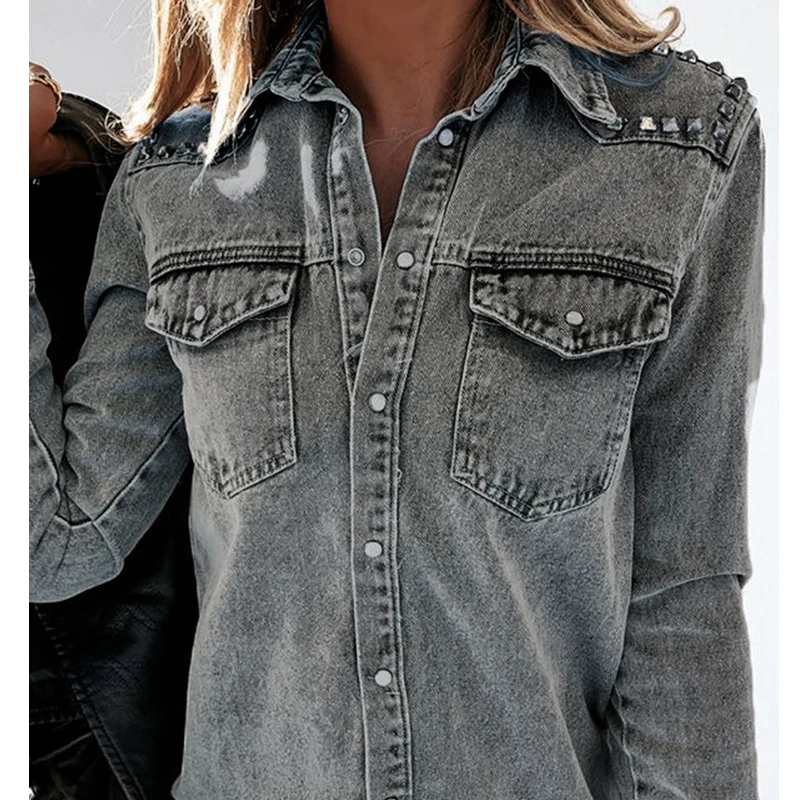 

Wepbel Blouses Tops Pockets Workwear Style Shirt Rivet Denim Shirt Tops Women Long Sleeve Fashion Streetwear Denim Shirt