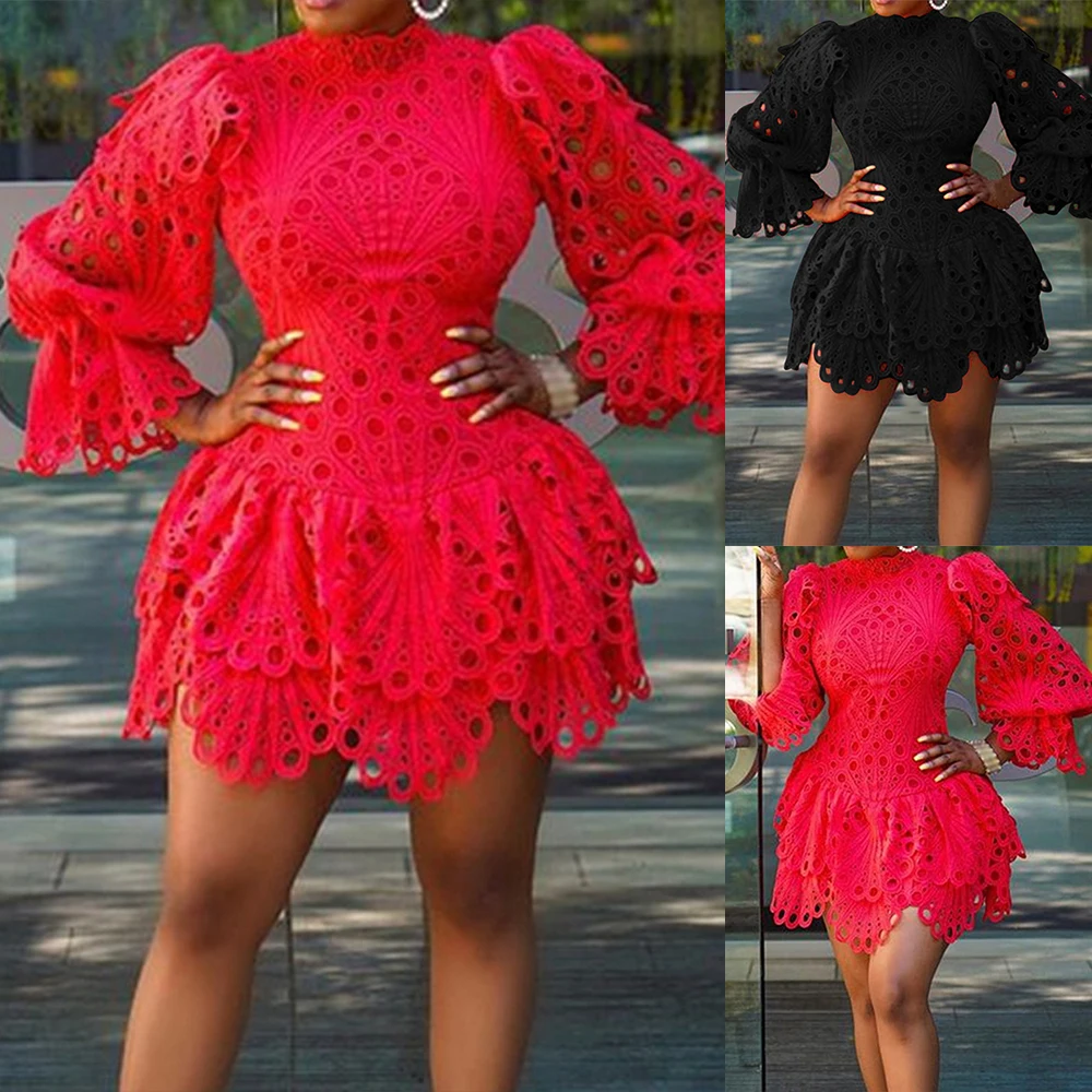 

Кружевное женское мини-платье А-силуэта, вечернее праздничное Клубное платье с оборками, Дамское Платье с круглым вырезом и длинным рукавом...