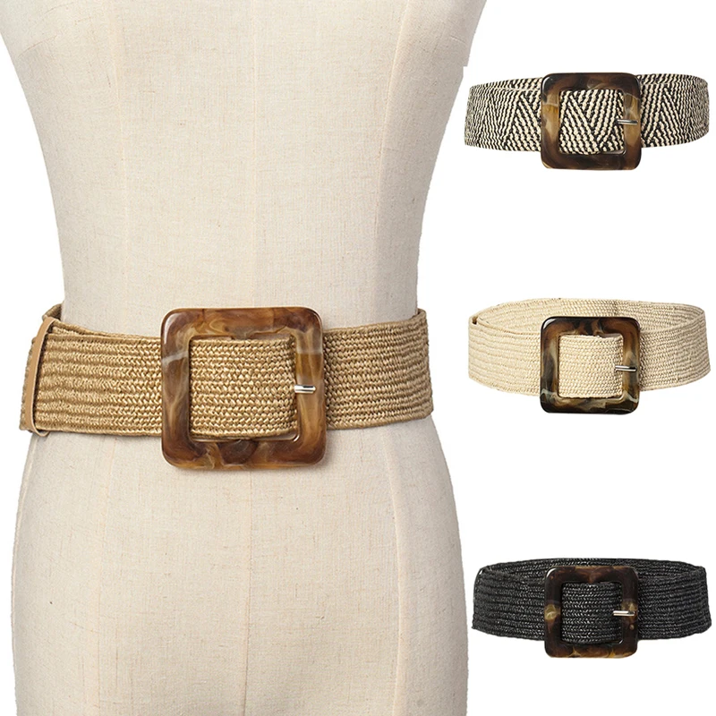 

Women Men Belt Straw Casual Ultra Wide Female Woven Vintage Carved Wood Buckle Elastic Decoration Waist Hot Sale Retro Outfit