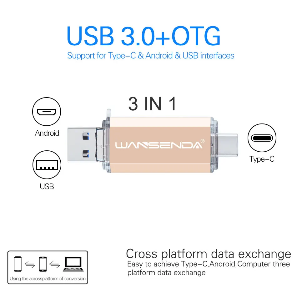 Флеш накопитель WANSENDA OTG 3 в 1 USB 0 Type C флеш 32 ГБ 64 128 256 512 для мобильных телефонов