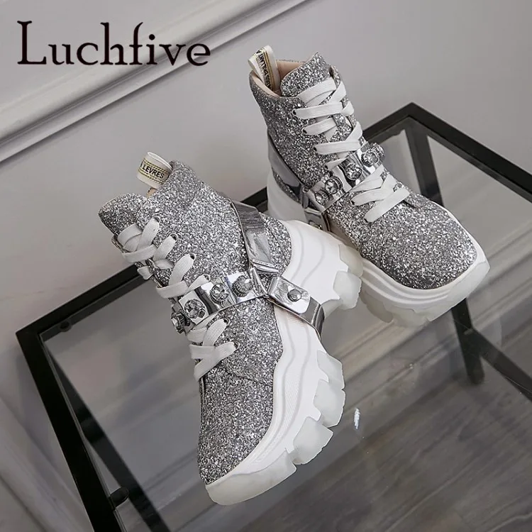 Silver Glittery Motorcycle Boots Height Increasing platform High Heels Botas Mujer Winter Women's Belted Ankle female | Обувь