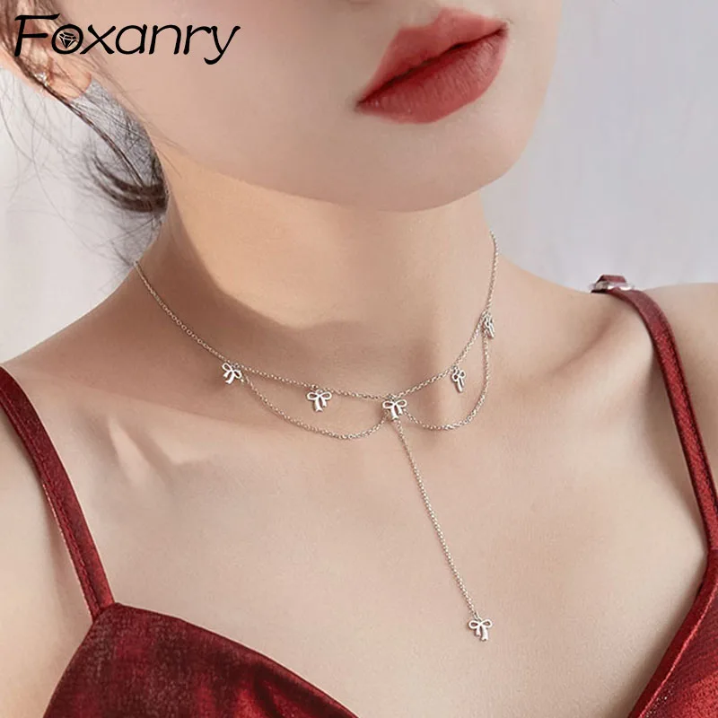 

FOXANRY 925 Sterling Silver Necklace for Women Trendy Elegant Charming Sweet Hollow Bowknot Tassel Bride Jewelry Birthday Gifts