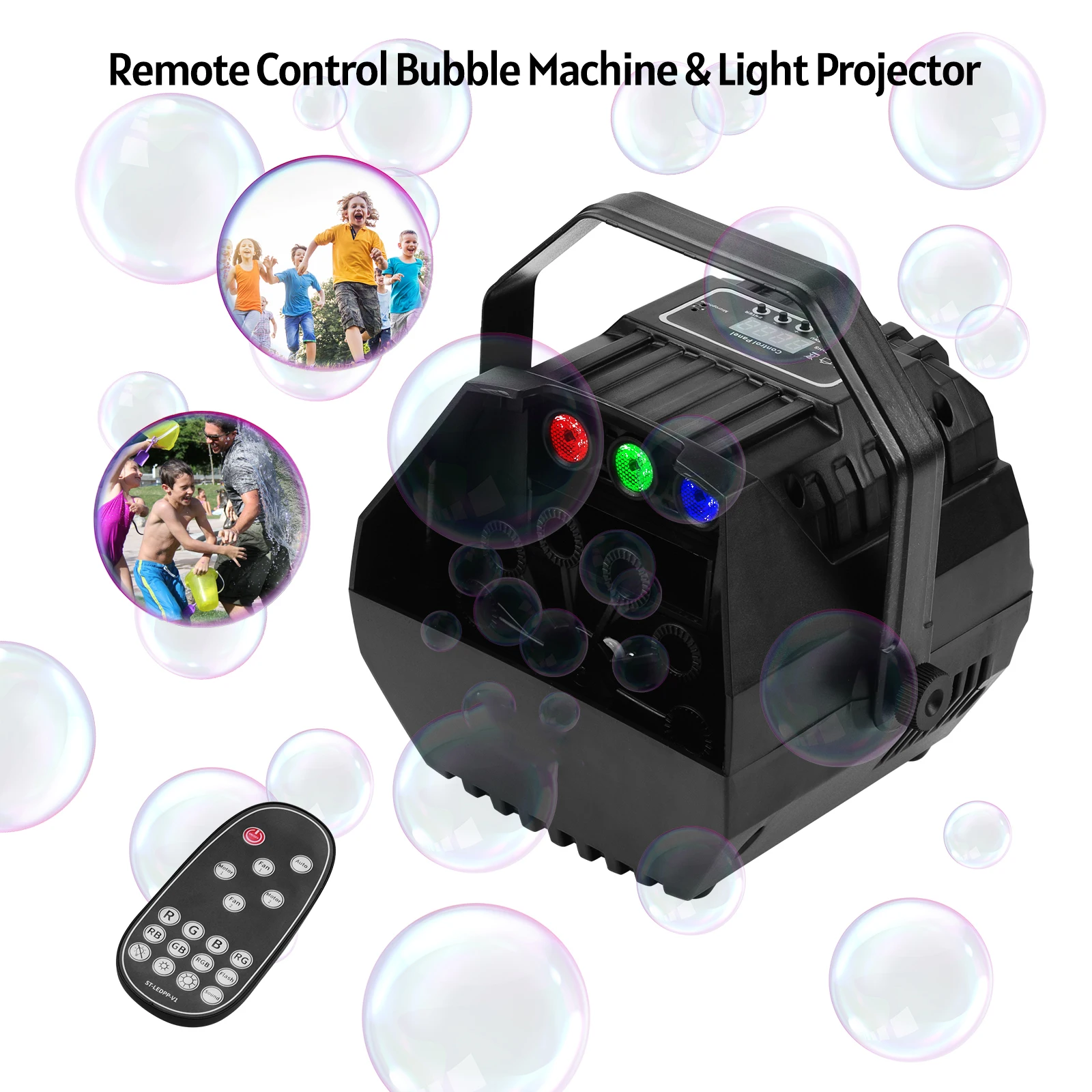 

Светодиодная пузырьковая машина, проектор со звуковой активацией и U-образной ручкой, пульт дистанционного управления для сцены, свадебног...