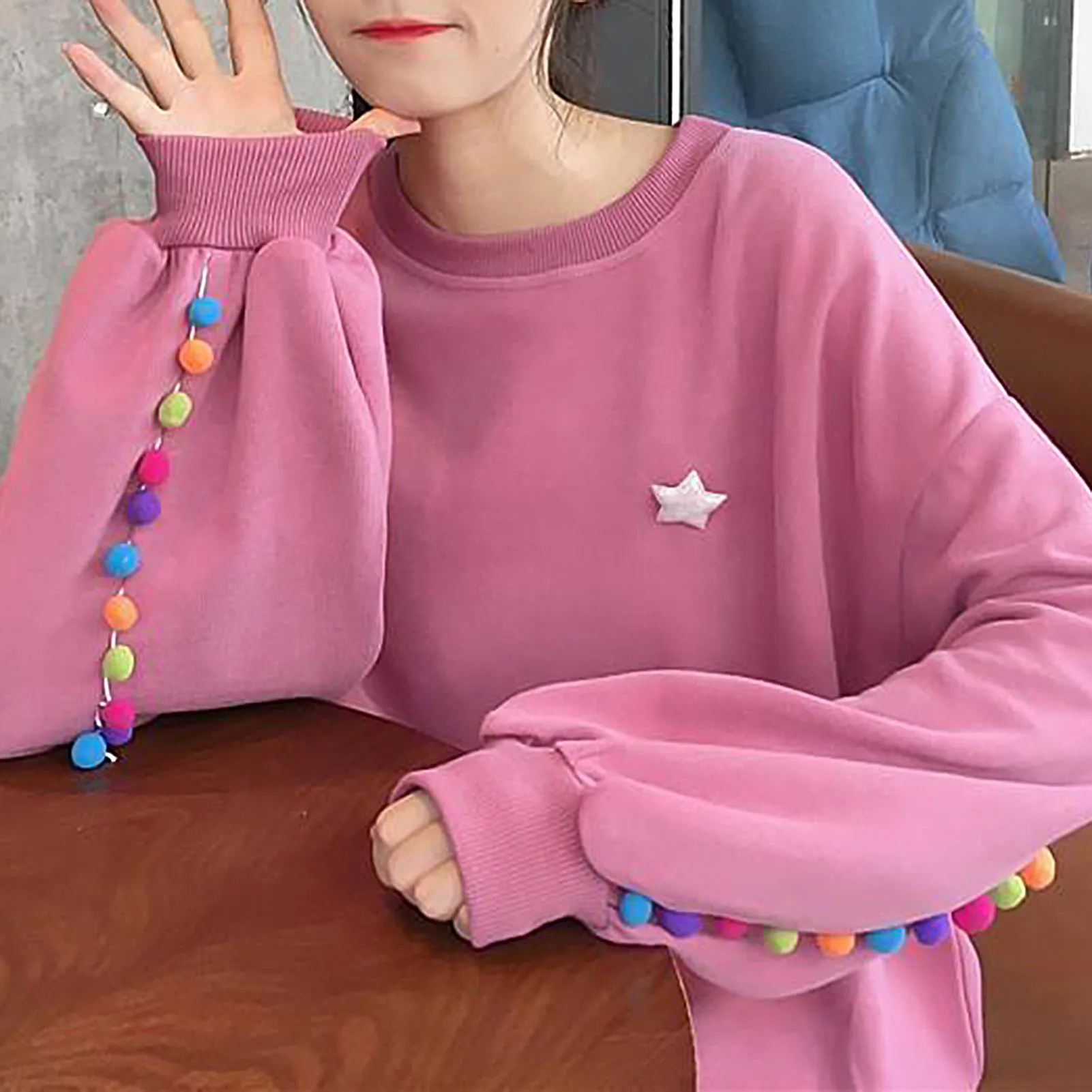 Fashion Autumn Women Multicolor Pompom Hoodie Long Sleeve O Neck Loose Hoodies Sweatshirts Chic Women Casual Blouse Tops