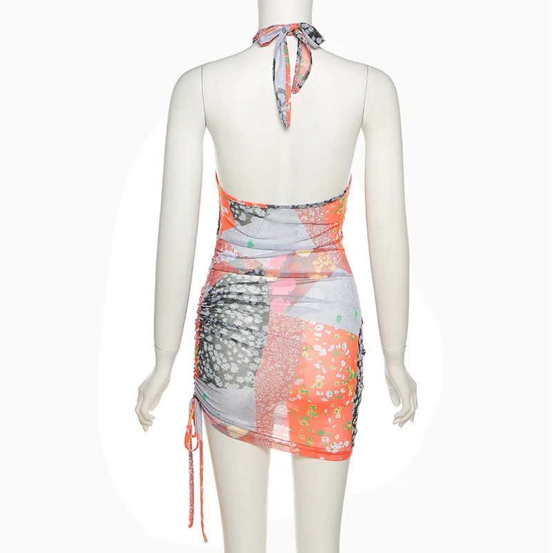 

Angel's Secret Aesthetic Print Halter Mini Dress Women Summer Sexy Backless Hot Skirt Female Wrapping Shirring Clothing AG31164