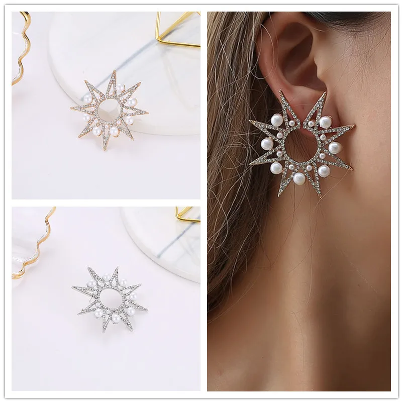 Большие круглые серьги гвоздики Стразы в форме звезды и подсолнуха золотистые