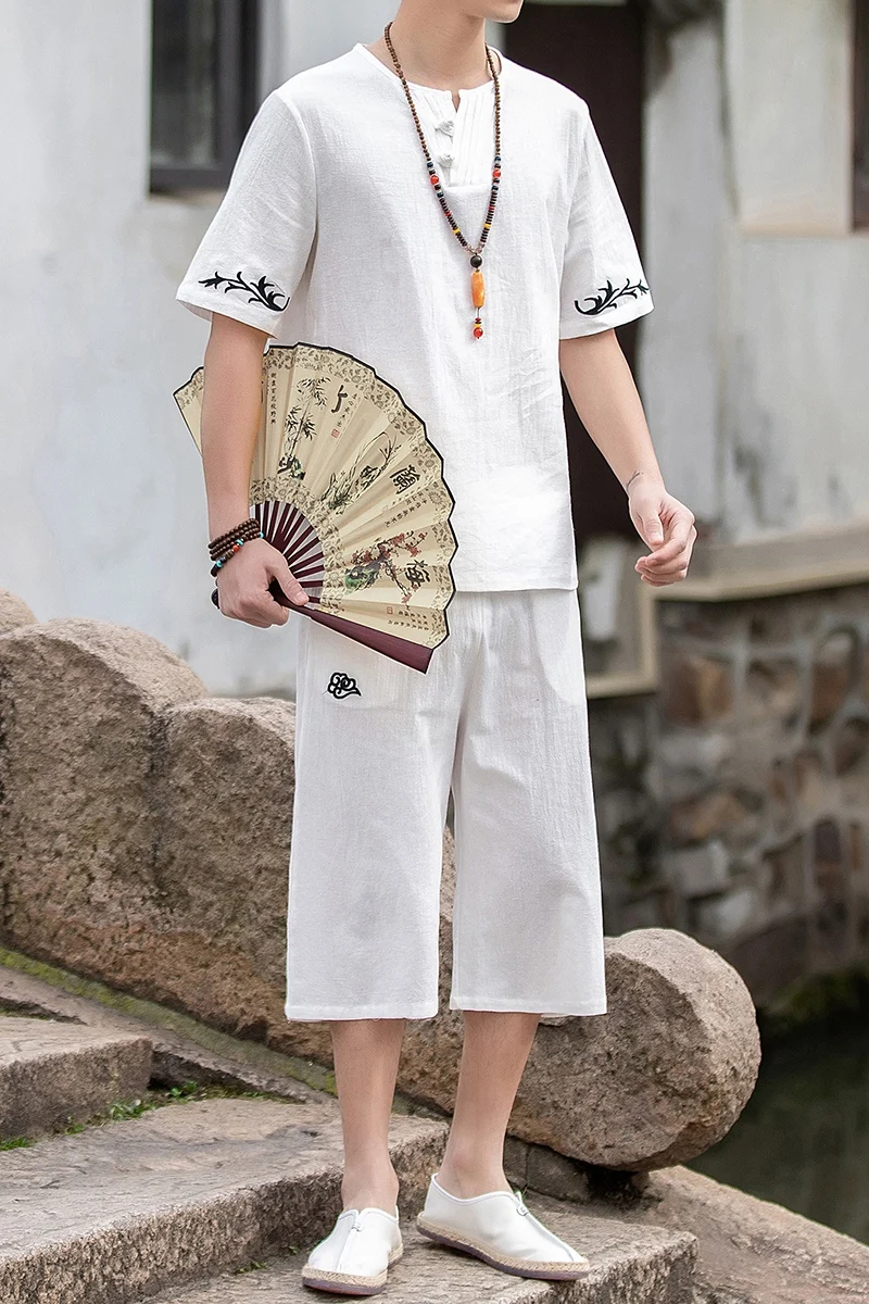 

Linen Short-sleeved Men's T-shirt Summer Chinese Style Loose Two-piece Set Vintage Printed Tees and Pants Plus Size Suit