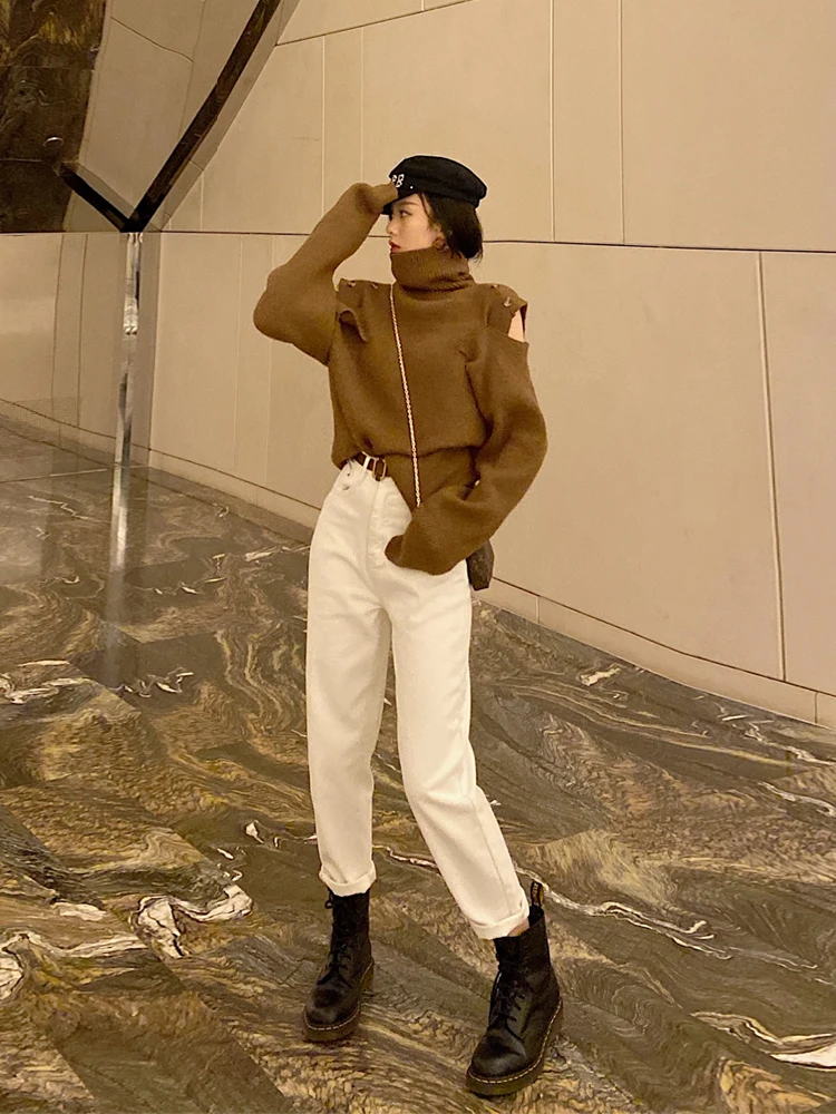 Хлопковые белые джинсы для женщин с высокой талией шаровары мам весенние новые