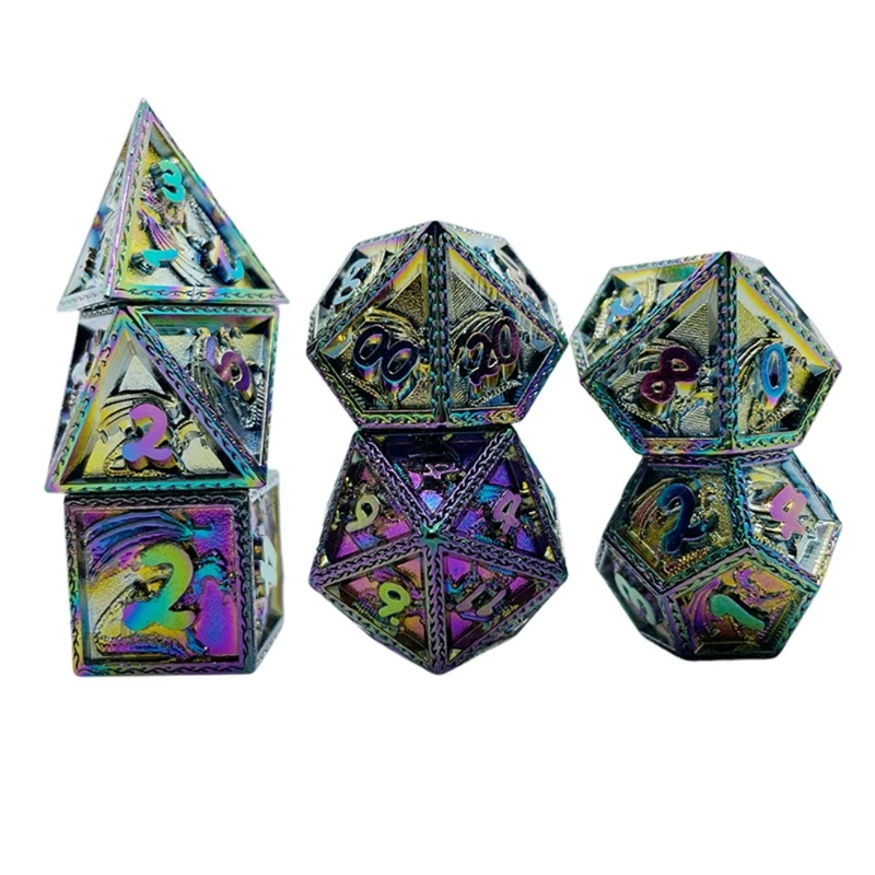 

2022 New 7 Pcs/Set Metal Dices Multi Faces Various Shapes Sculpture Digital Dice w/ Storage Box for Club Party Family Game Toys