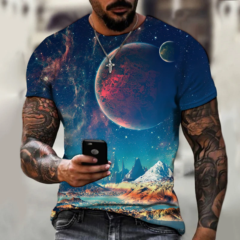

3D Color Printing T-shirt Men's Creative Design Romantic Fantasy Universe Starry Sky All-match Loose And Comfortable Top