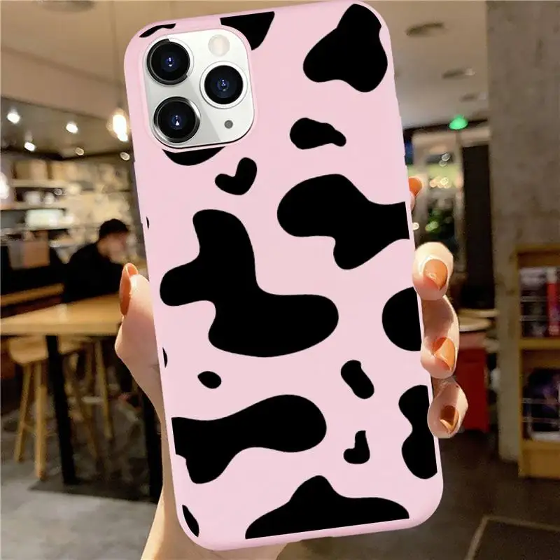 

cow Black and white Phone Case Pink Candy Color for iPhone 6 7 8 11 12 s mini pro X XS XR MAX Plus