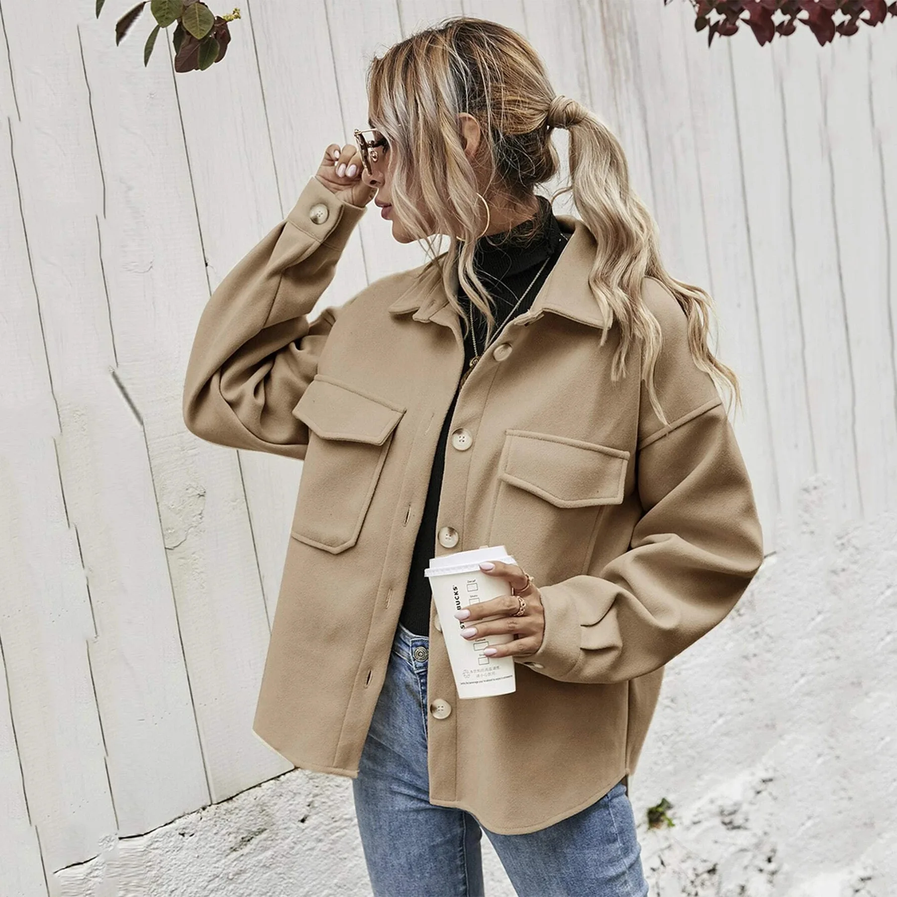 

Wepbel Solid Color Shirt Woolen Baggy Coat Autumn Jackets Lapels Single-Breasted Thickened Fashion Women Outwear Outwear