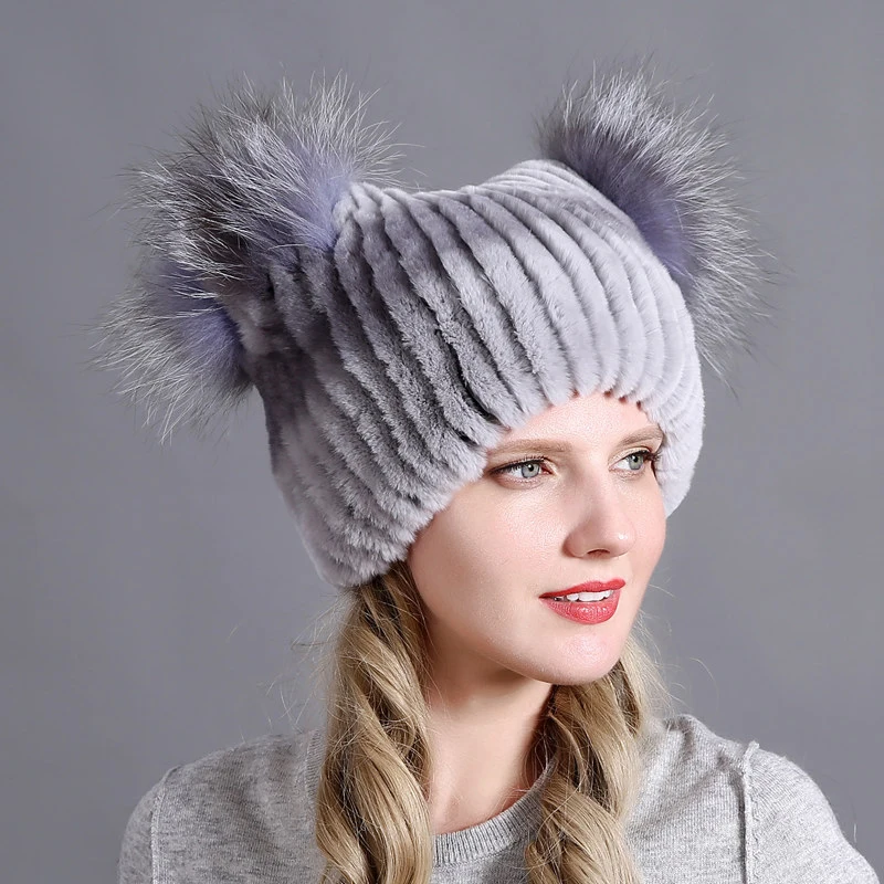 HT3284 Thick Warm Real Rabbit Fur Hat Cute Ears Women Winter Hat Lady Earflap Snow Ski Cap Female High Quality Women Beanie Hat