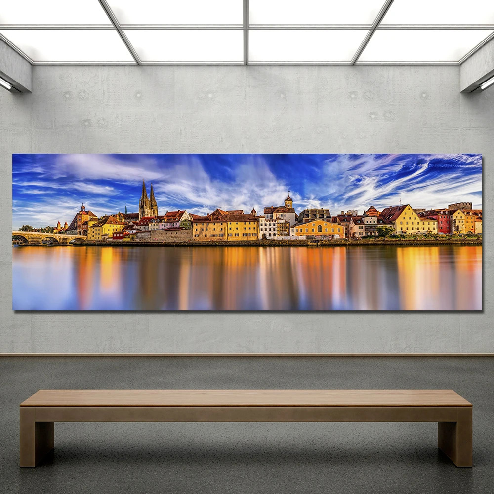 2021 Новый Wall Art Большой Размеры фон с рисунком пейзажа деревьями рекой и дом Синий