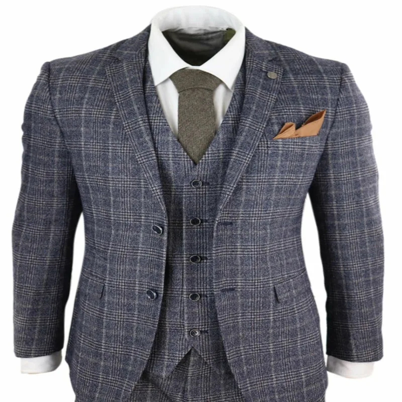 2020 новые серые синие мужские костюмы 3 шт твидовый клетчатый костюм винтажные