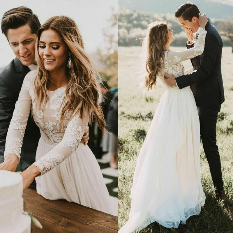 Свадебное платье с длинным рукавом простой тюлевый садовый наряд невесты