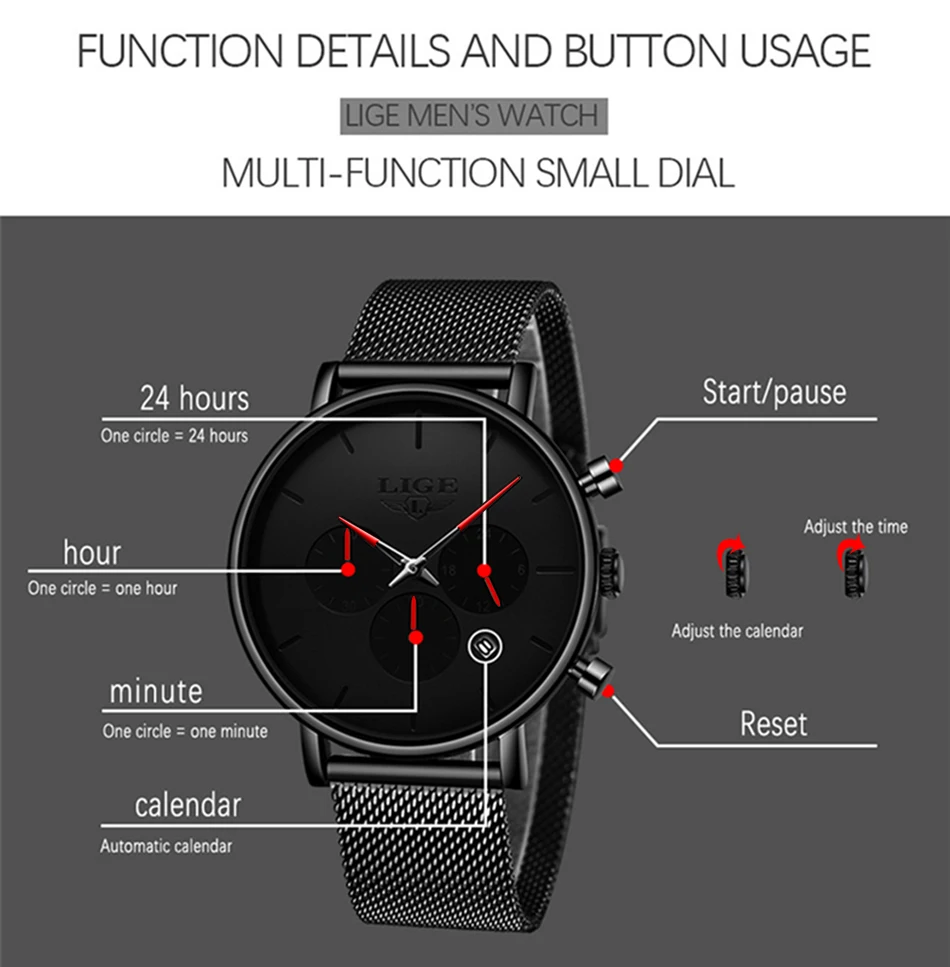 Relojes LIGE мужские часы из сетчатой стали, модные брендовые Роскошные спортивные ультра-тонкие кварцевые часы, мужские повседневные водонепроницаемые часы с датой