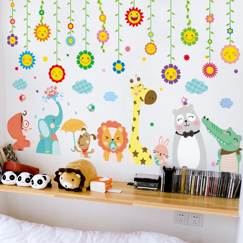 

[shijuekongjian] Cartoon Animals Wall Stickers DIY Sunflower Plants Wall Decals for Kids Rooms Baby Bedroom Home Decoration