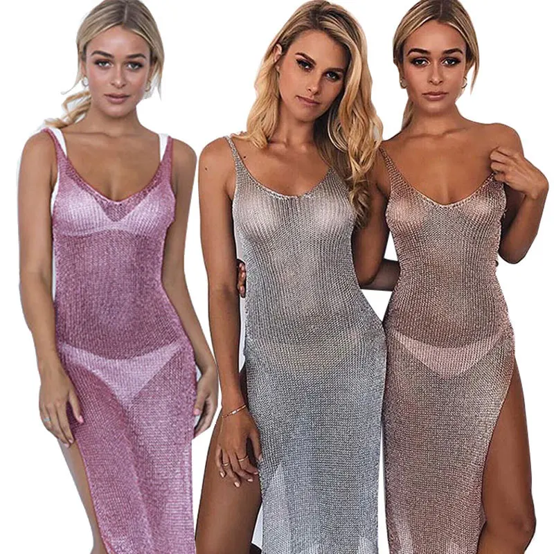 

2021 New Women's knitting Beach Wear Sunscreen Clothes Perspective Smock Sexy Split Suspender Skirt V-Neck Backless Long Dress