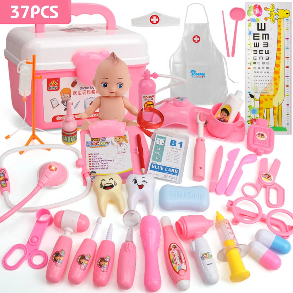 37PCS Pink 21-39 шт., детские игрушки для ролевых игр, набор для доктора, медицинский набор для моделирования с портативным чемоданом, игрушки для ролевых игр для девочек, инструмент для зубного врача - Цвет: 37PCS Pink