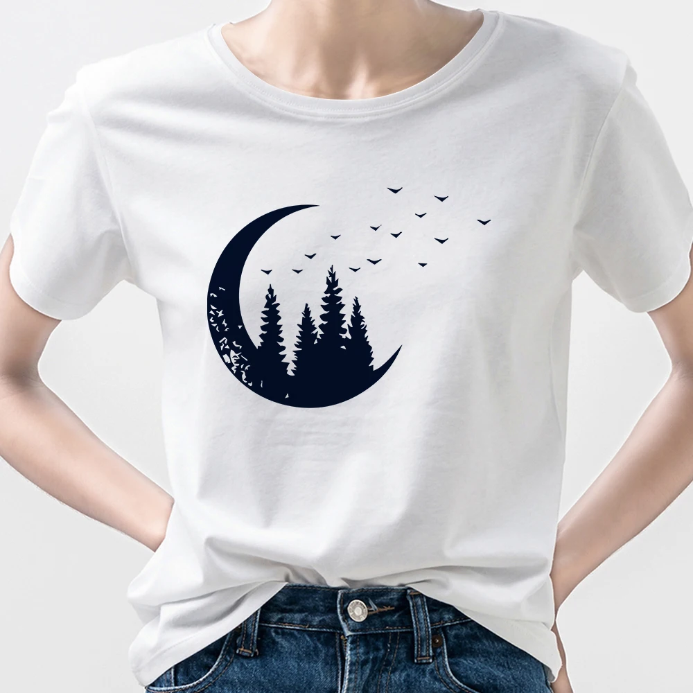 

Cosmic Belief Printed Versatile Womens Tshirt Moon With Forest Graphic Short Sleeve 2021 Autumn New Arrivals T Shirt Female Tops