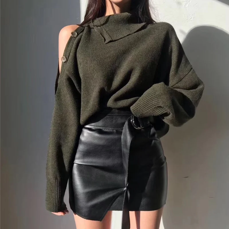 Женские базовые свитера вязаный пуговицы пуловер с открытыми плечами Осенний