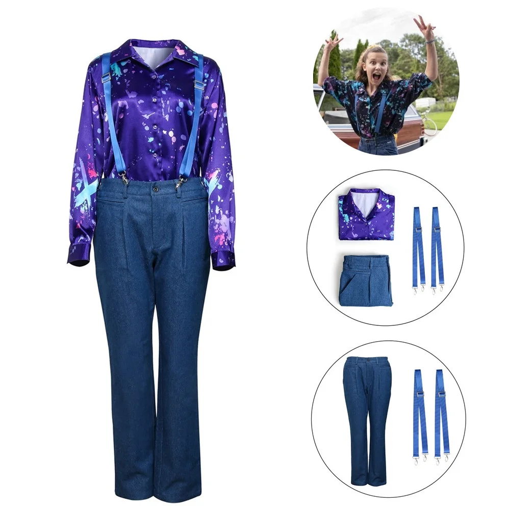 

Eleven Cosplay Costume For Stranger Things Season 3 Long Sleeve Printed Shirt Strap Pants Halloween Women Girls Party Costume