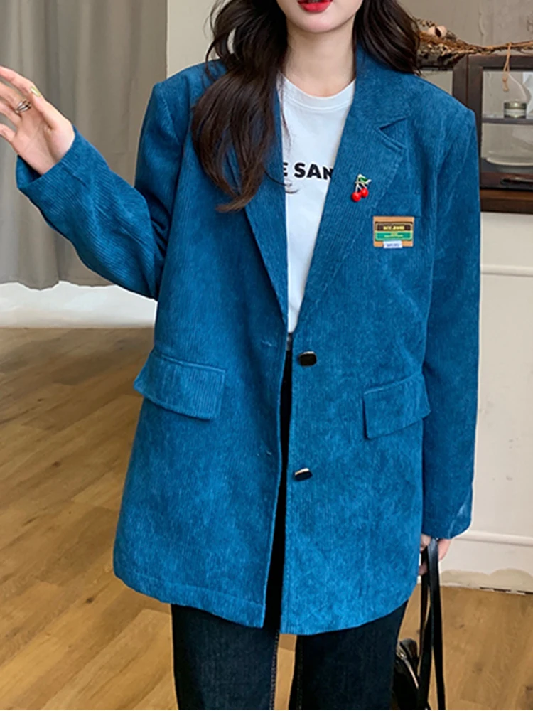 

Женский вельветовый Блейзер TIGENA, повседневный однотонный свободный пиджак с английским воротником на пуговицах, с карманами, в Корейском с...