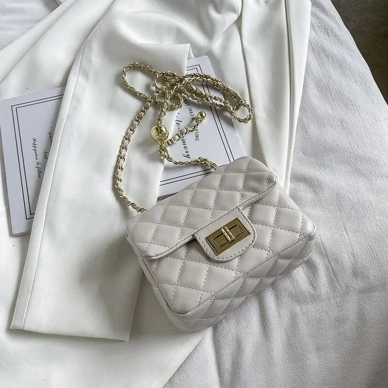 

2021 New Ladies Bag Fashion Casual Messenger Bag Lattice Chain Bag Shoulder Bag Pure Color PU Handbag Mobile Phone Bag Handbag
