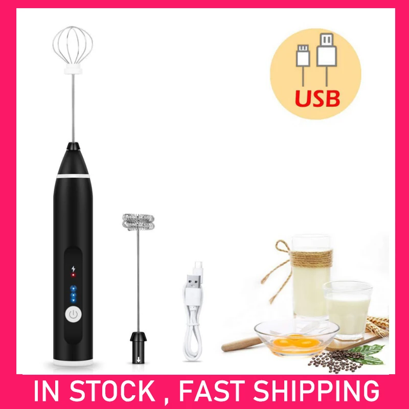 

3-Speeds Egg Beater Coffee Milk Drink Whisk Mixer Heads Eggbeater Frother Stirrer USB Rechargeable Handheld Cake Tools Blender