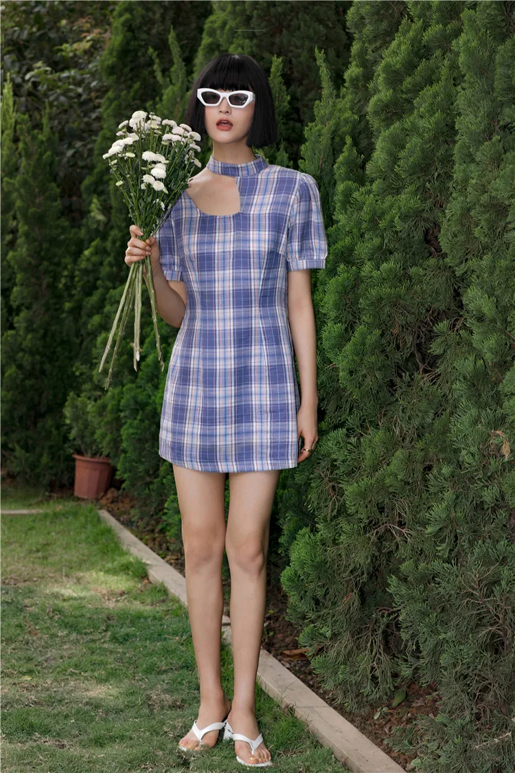 CHEERART фиолетовое клетчатое платье с лямкой на шее винтажное Летнее мини-платье