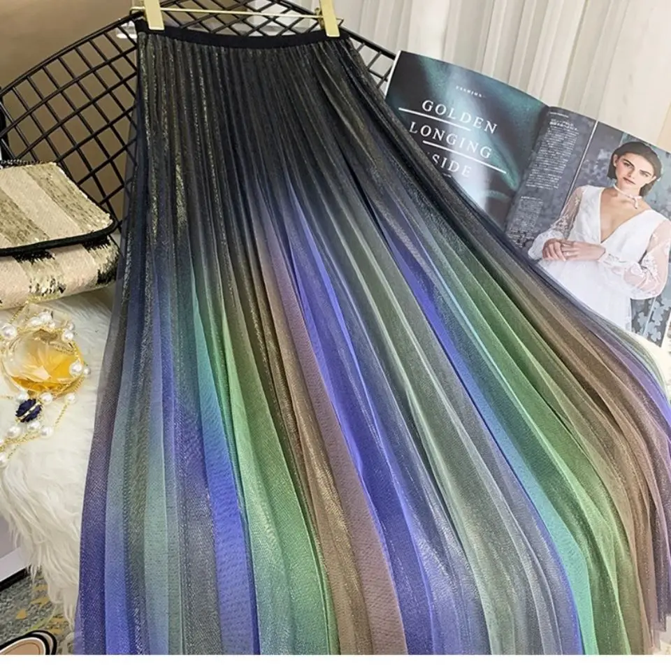 Женская плиссированная юбка-трапеция элегантная Радужная сетчатая юбка с