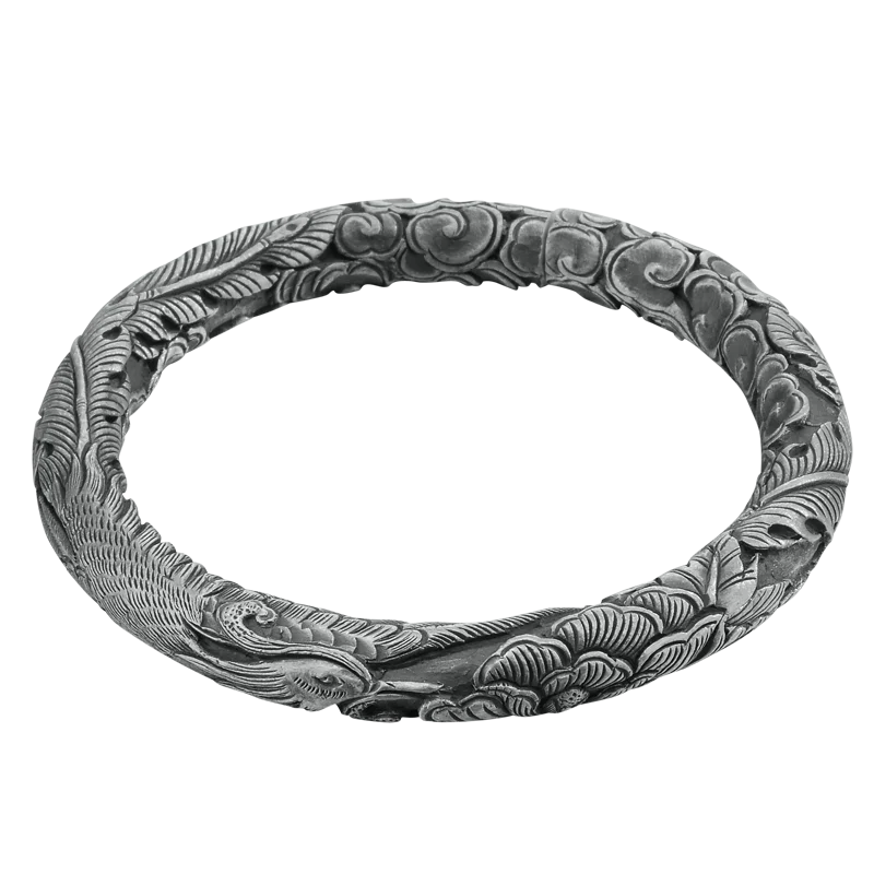 

Phoenix wear peony relief handmade silver bracelets, solid cylindrical open solid silver bracelet, S999 solid silver bracelet