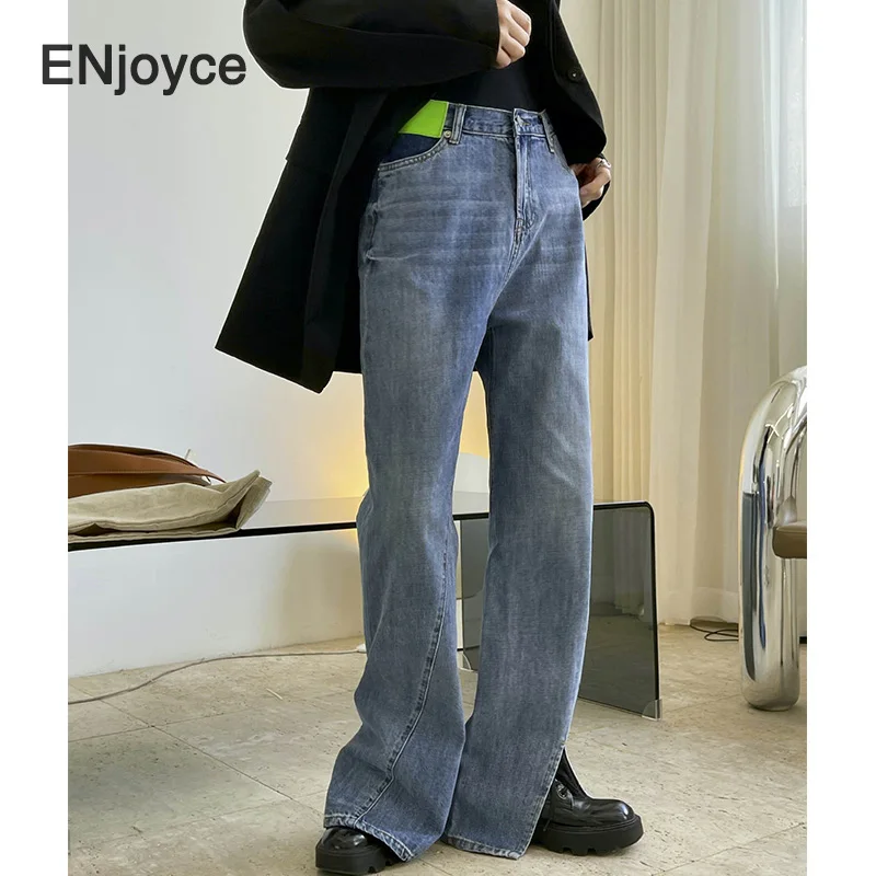 Vintage Stitching Irregular Straight Jeans Women Korean Style High Waist Elegant Denim Pants Trendy Split Leg Jeans Trousers