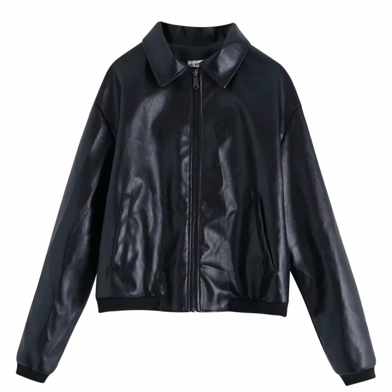 Новая женская винтажная повседневная черная куртка из искусственной кожи