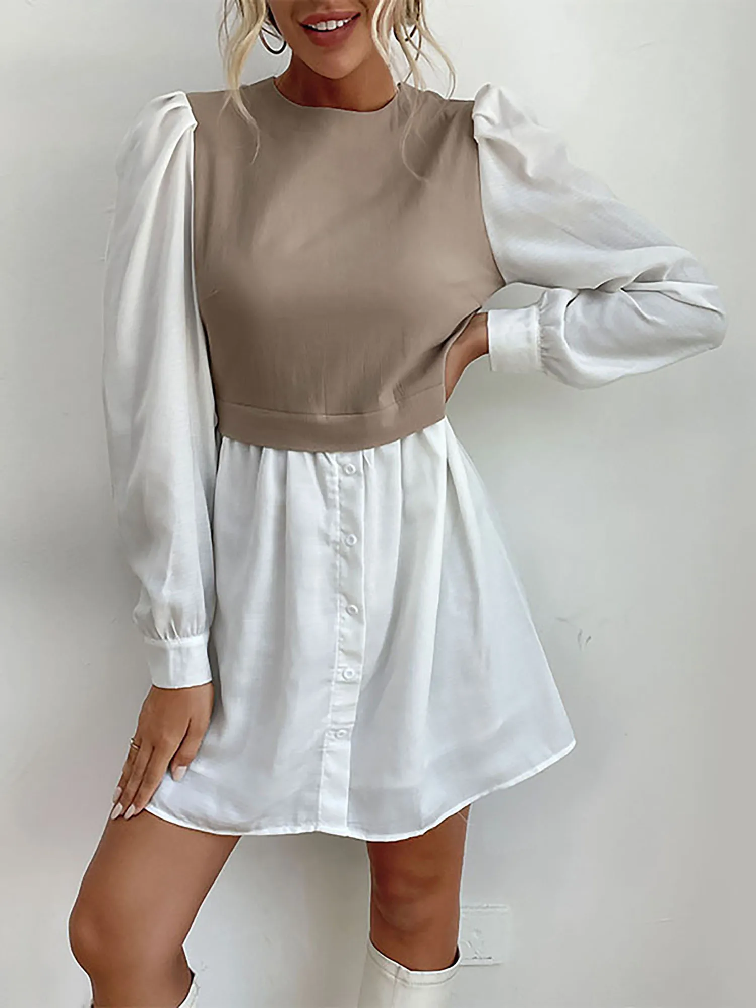 

Short Elegant Fashion A-Line Autumn Pullover T-shirt Spliced Blouse Dress Round Neck Long Sleeve Rayon Women Dress