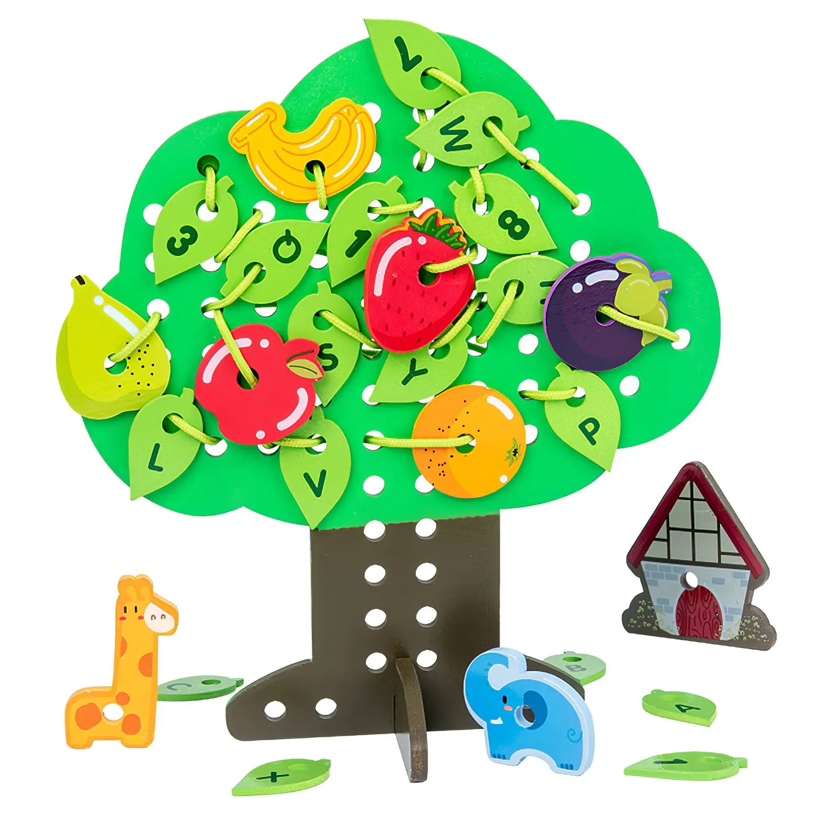 

DIY Montessori Education Button Lacing Stringing Beads Game Toys Puzzle Wooden Cartoon Fruit Leave Tree String Beads Craft Board