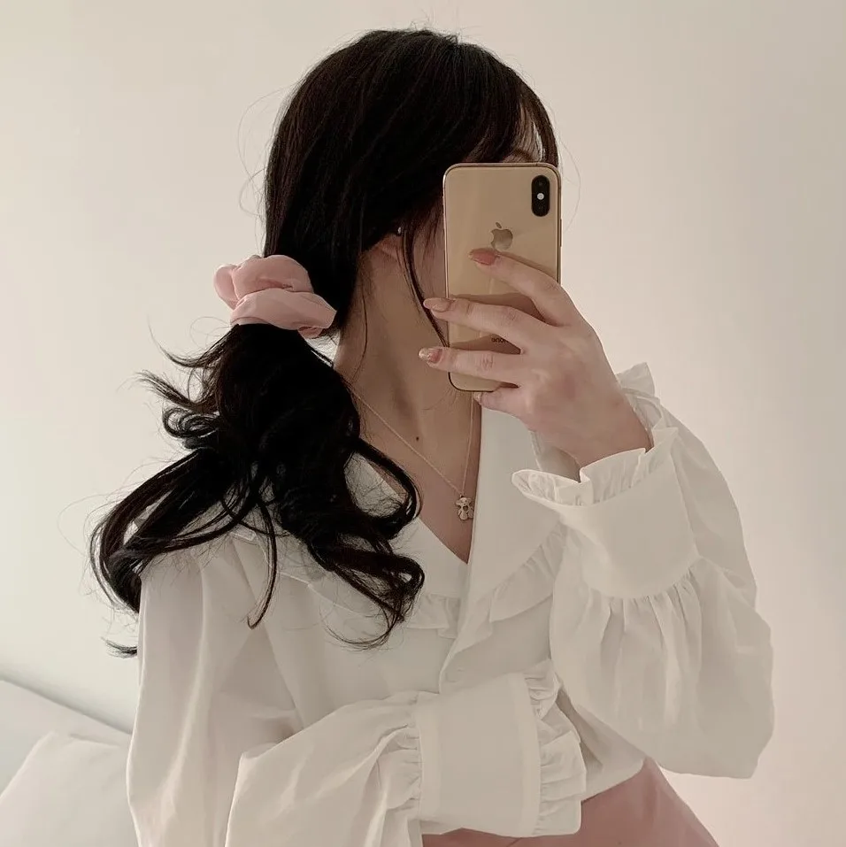 

Korean Style 2021 Early Spring Gentle Style Fairy Shirt Cute Youth-Looking Lapel Ruffled Puff Sleeve Long Sleeve Shirt Fashion