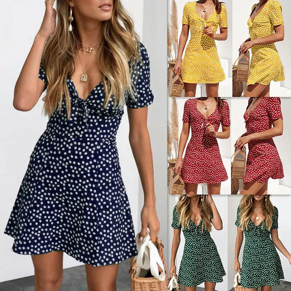 

Fashion Women V-neck Short Sleeve Wrap Boho Floral Mini Dress Ladies Summer Holiday Party Sundress Female Vestidos