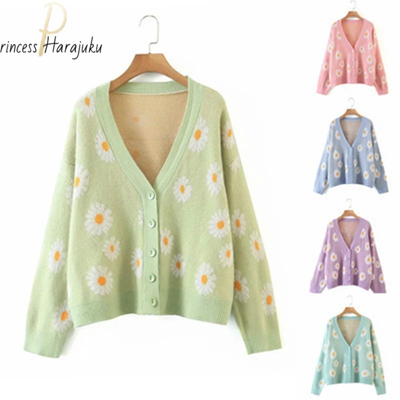 

Женский Повседневный Кардиган с длинным рукавом, Свободный вязаный кардиган с V-образным вырезом и цветочным принтом, 2021